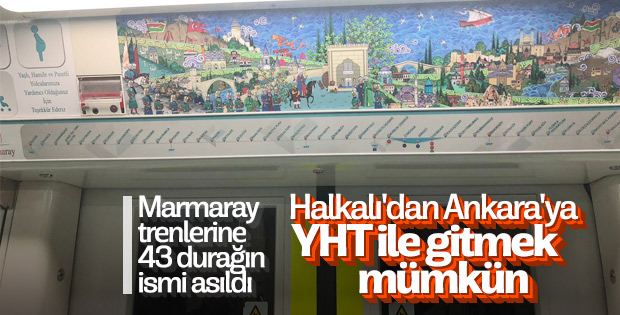 Marmaray trenlerinde 43 duraklı tabelalar asıldı