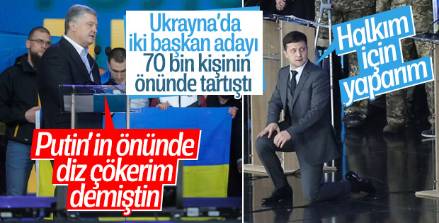 Poroşenko ve Zelenskiy, 70 bin kişilik stadyumda tartıştı