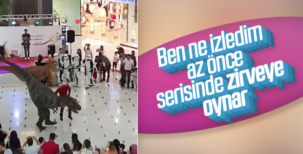 AVM'de halay çeken dinozor ve süper kahramanlar