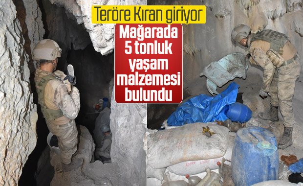 Mağarada teröristlere ait 5 ton yaşam malzemesi bulundu