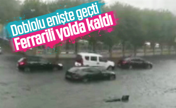 Milyon liralık Ferrari su birikintisinde mahsur kaldı