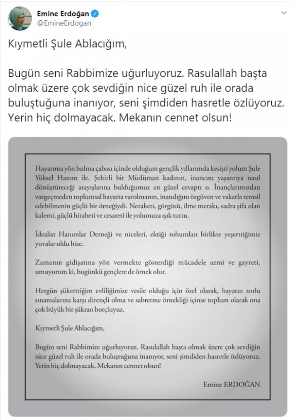 Emine Erdoğan, Şule Yüksel Şenler için mesaj yayınladı