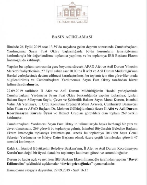 İstanbul Valiliği, Ekrem İmamoğlu'na cevap verdi