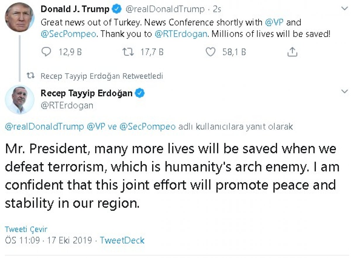 Cumhurbaşkanı Erdoğan'dan Trump'a tweet'li yanıt