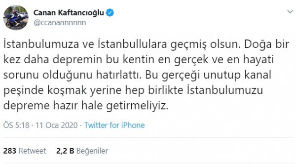 Canan Kaftancıoğlu'nun deprem tweet'i