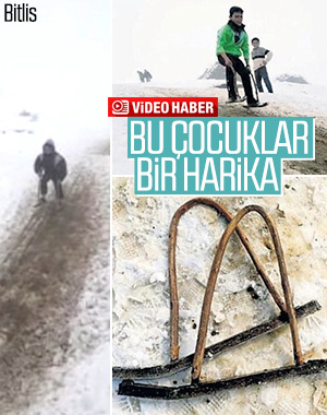 Bitlis'te demir ve tahtadan kayak takımı yapan çocuklar 