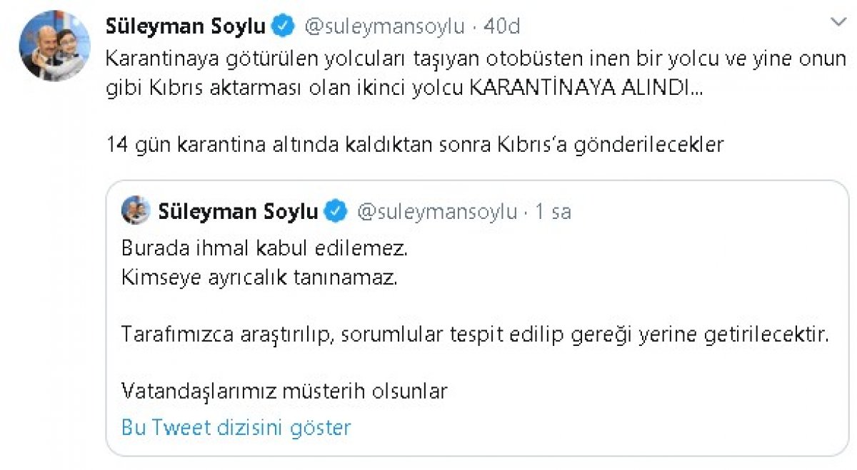 Süleyman Soylu: Fransa'dan gelen iki yolcu karantinada