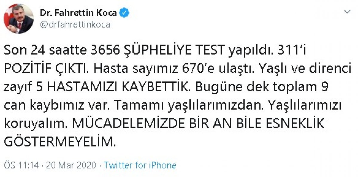 Bakan Koca: Koronavirüsten ölenlerin sayısı 9´a çıktı