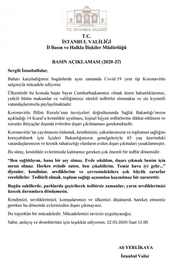 İstanbul Valisi Yerlikaya'dan evde kalın çağrısı