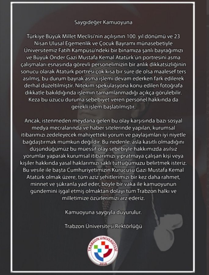 Trabzon Üniversitesi'nde Atatürk portresi ters asıldı