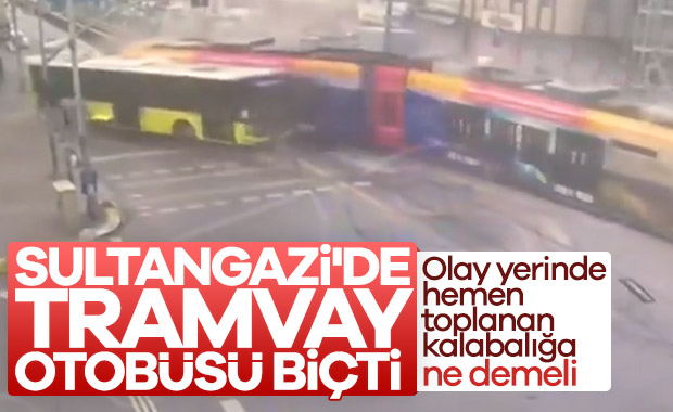 Sultangazi'de otobüse çarpan tramvay, raydan çıktı