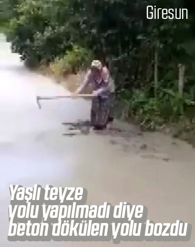Giresun'da yaşlı kadın, beton dökülen yolu bozdu