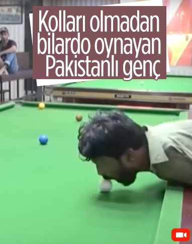 Kolları olmayan Pakistanlı, çenesiyle bilardo oynuyor