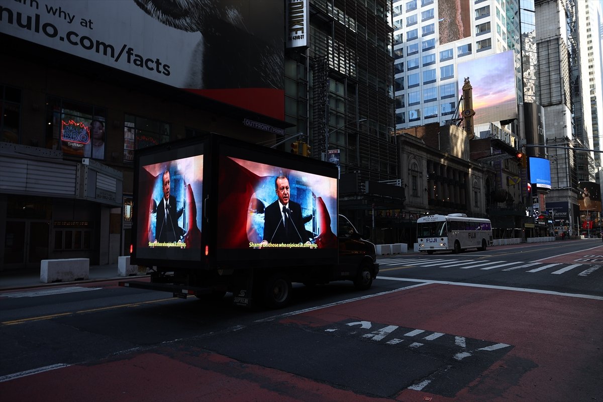 A pickup truck with a digital screen was circulated against the FETO announcement in Times Square #2