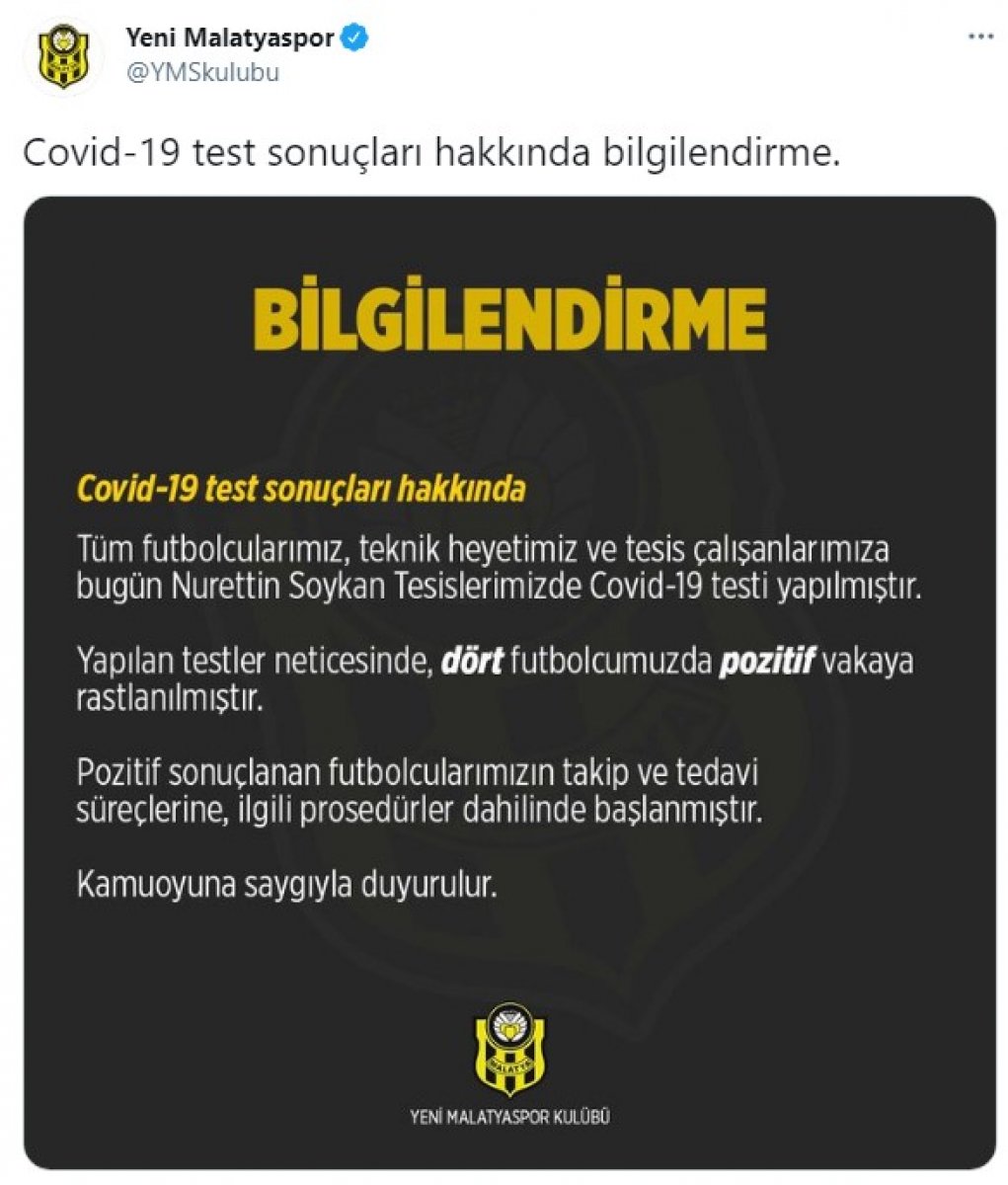 Yeni Malatyaspor'da 4 futbolcu koronavirüse yakalandı