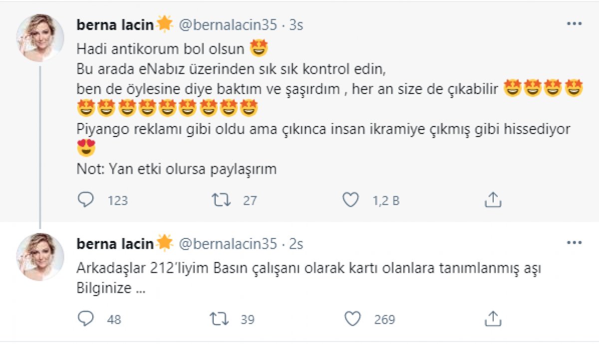 Berna Laçin koronavirüs aşısı oldu