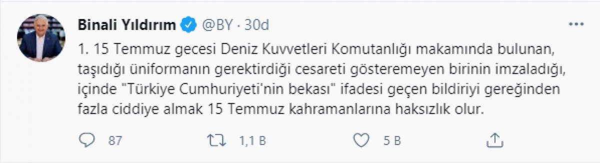 Binali Yıldırım'dan bildiri yayınlayan 103 askere sert tepki