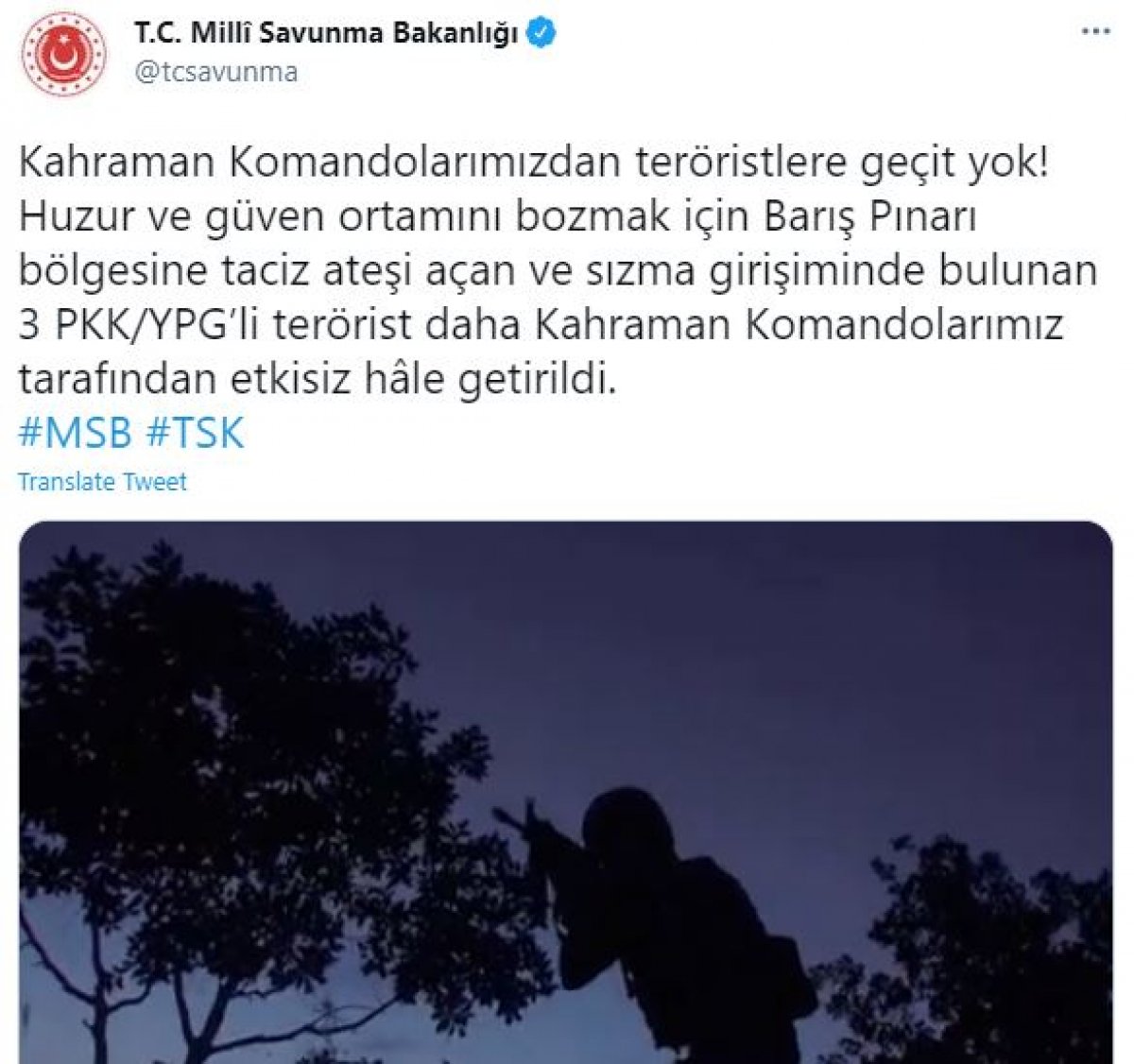 Barış Pınarı bölgesine sızmaya çalışan 3 terörist etkisiz hale getirildi