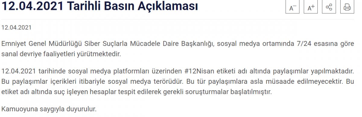 Emniyet Genel Müdürlüğü'nden 12 Nisan etiketli paylaşımlara yönelik açıklama