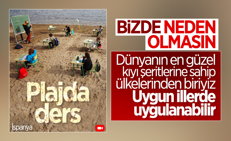 İspanya'da öğrenciler, plajda ders yaptı