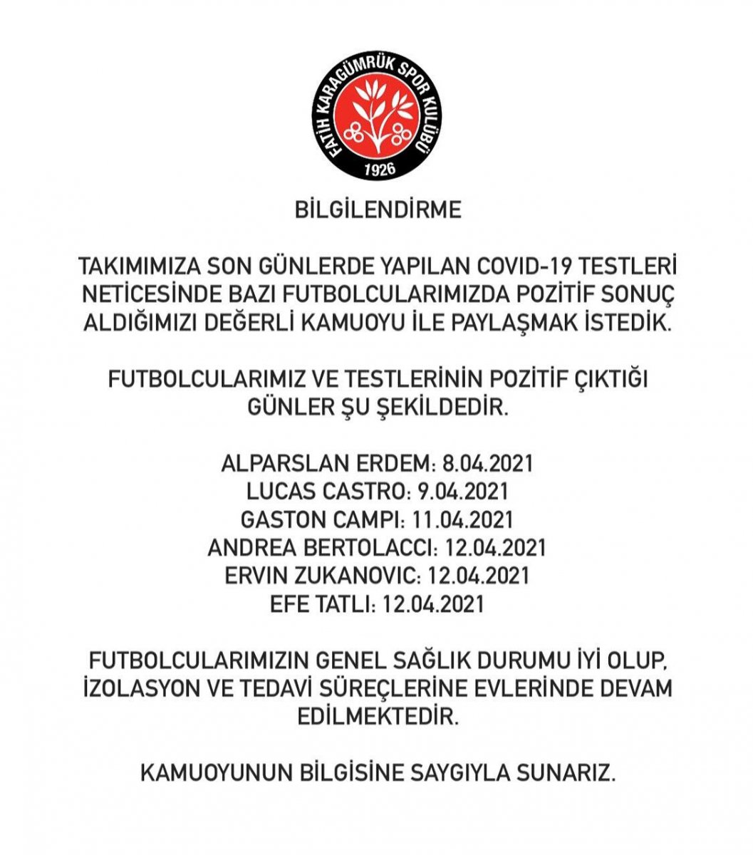 Karagümrük'te 6 futbolcunun korona testi pozitif