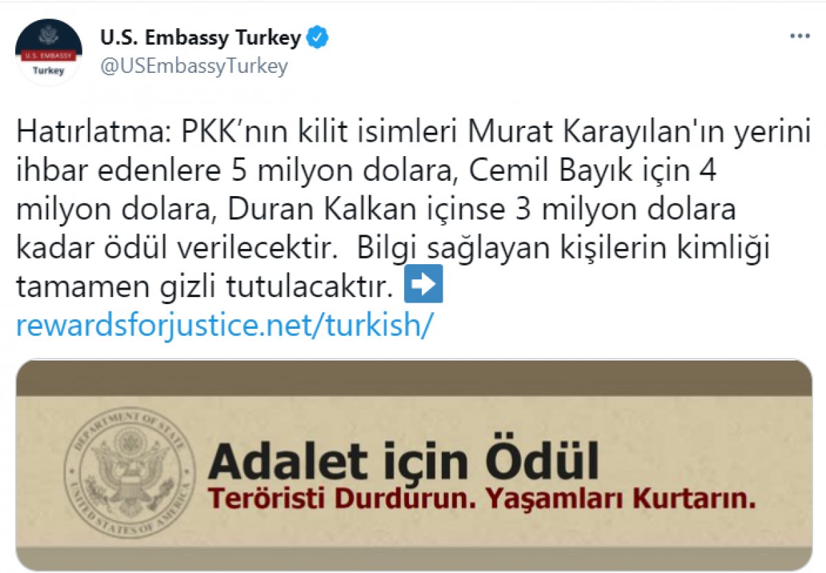 ABD'nin Ankara Büyükelçiliği'nden PKK paylaşımı