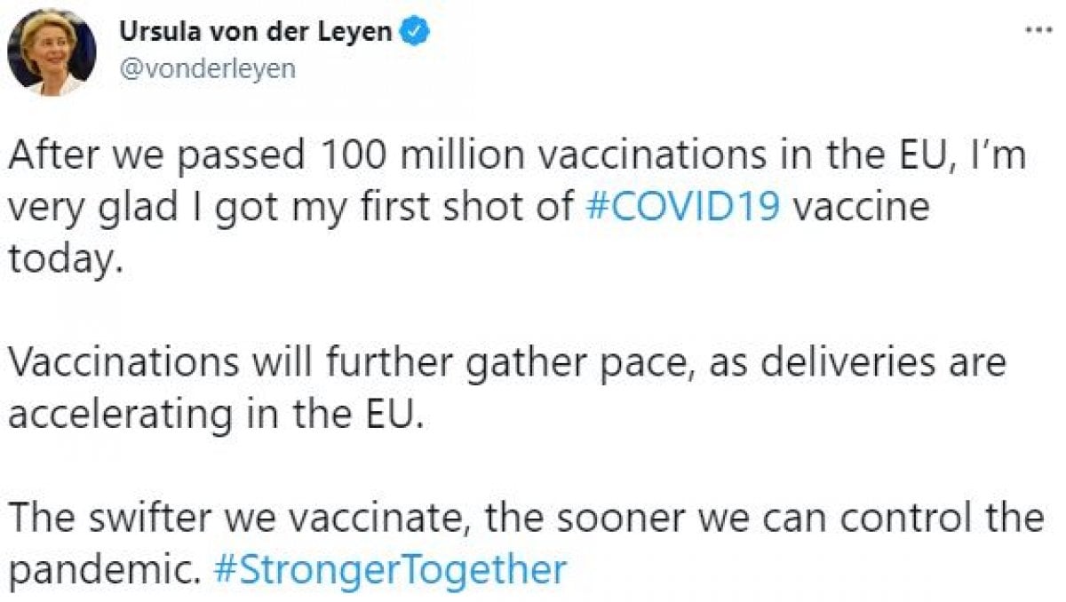 EU Commission President von der Leyen received coronavirus vaccine #3