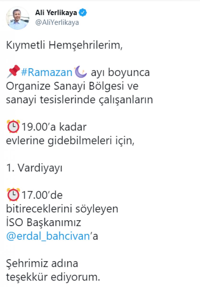Ali Yerlikaya: OSB'lerde 1'inci vardiya 17.00'de bitecek