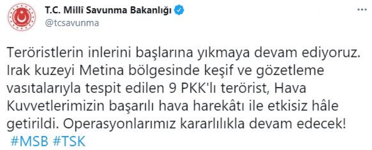 Irak'ın kuzeyinde 9 PKK'lı terörist etkisiz hale getirildi