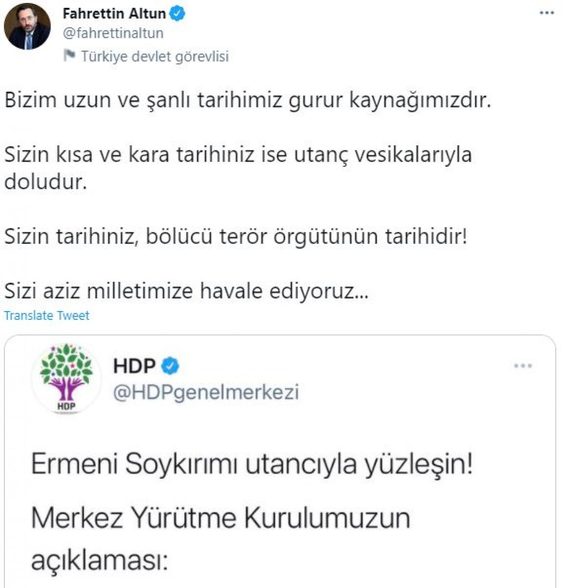 Fahrettin Altun'dan, HDP'nin sözde 1915 olayları paylaşımına tepki