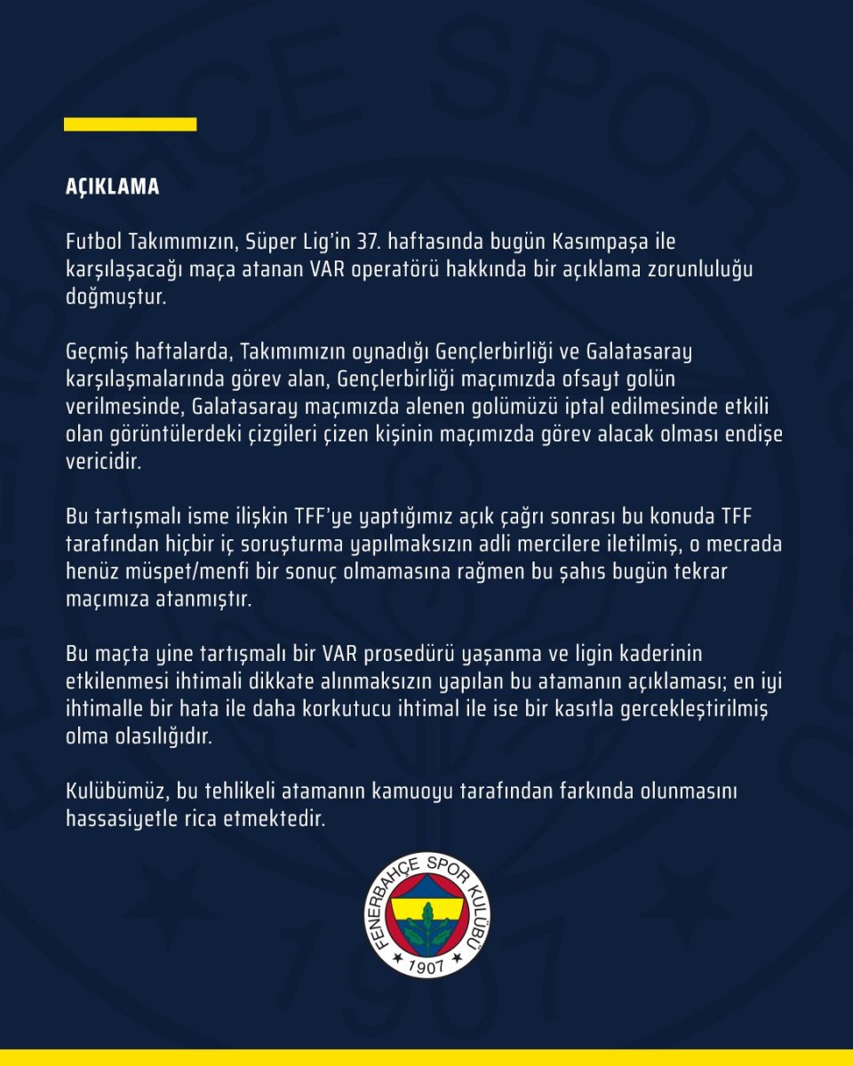 Fenerbahçe'den VAR açıklaması