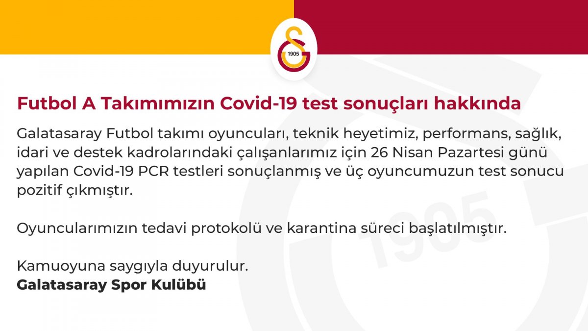 Galatasaray'da 3 futbolcunun koronavirüs testi pozitif