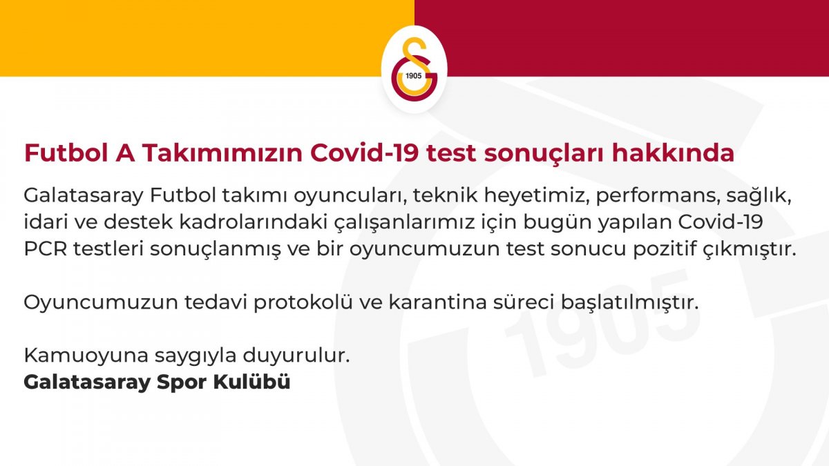 Galatasaray'da 1 futbolcunun testi pozitif