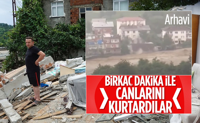 Arhavi'de evleri selde yıkılan aile, son anda kurtuldu