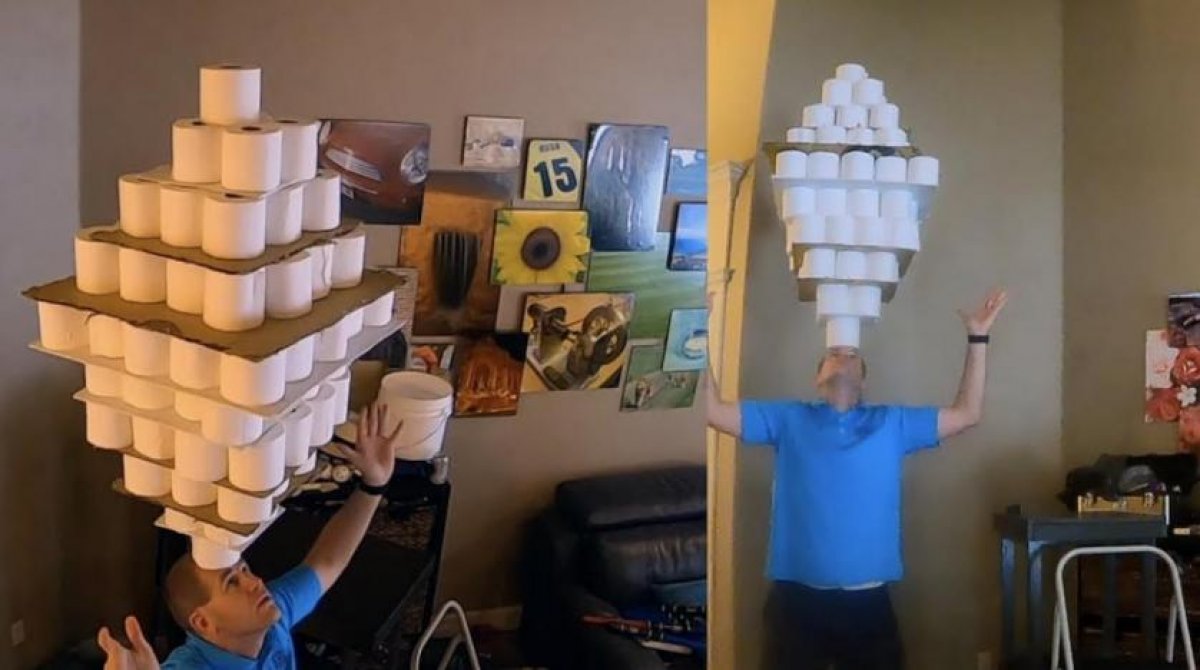 He carried 101 toilet papers on his head, breaking the record #1