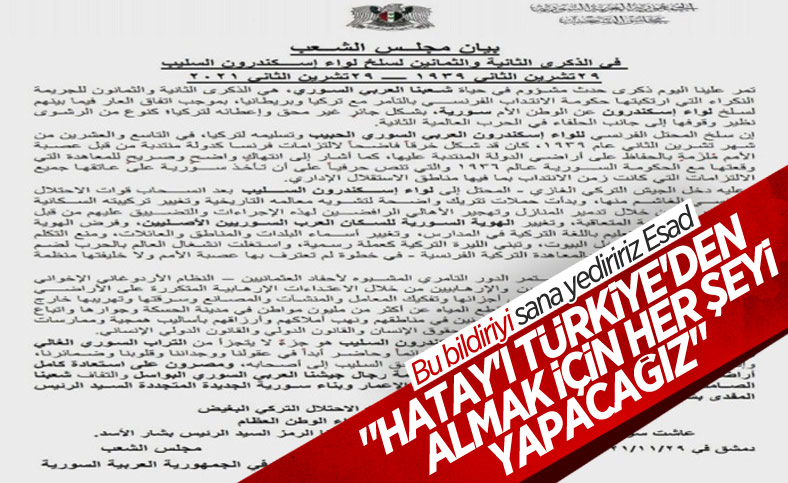 Suriye Parlamentosu'ndan bildiri: Hatay'ı geri alacağız