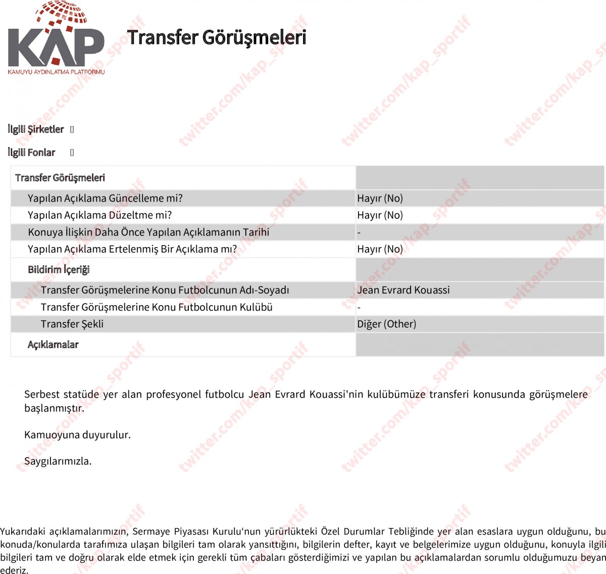 Trabzonspor, Jean Evrard Kouassi yi KAP a bildirdi #1