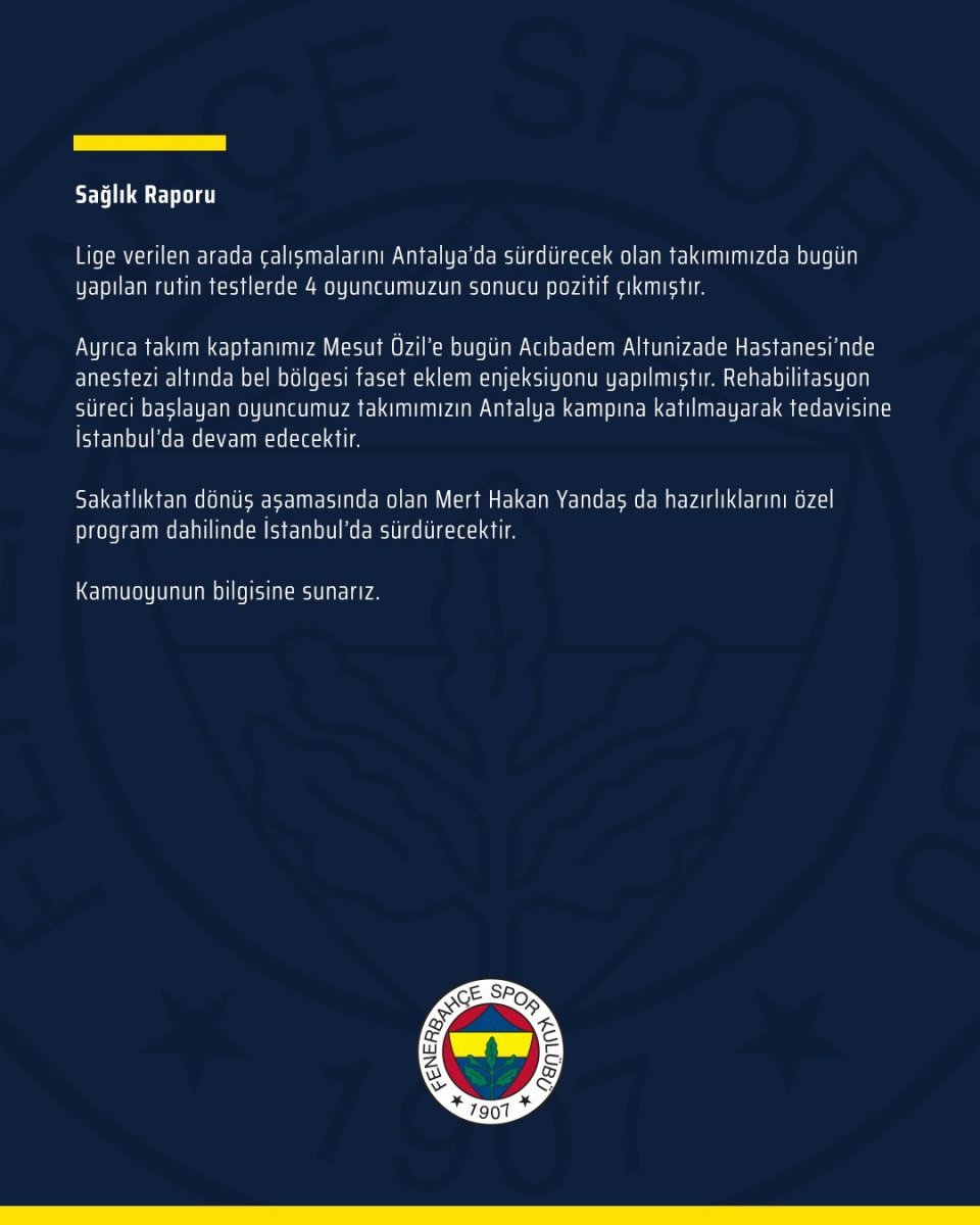 Fenerbahçe de 4 oyuncunun testi pozitif #1