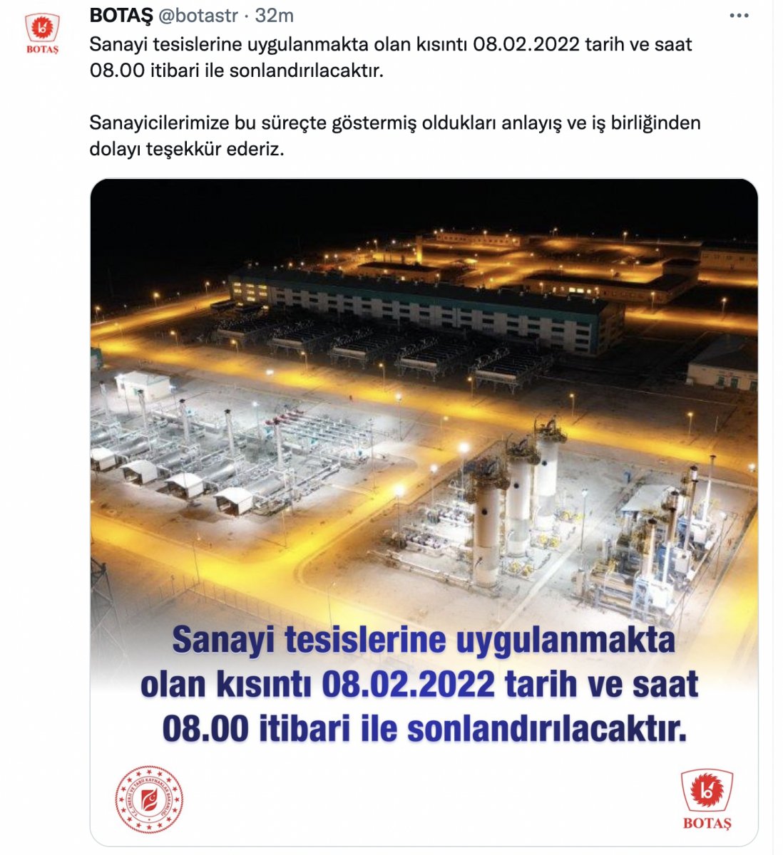 Sanayi tesislerindeki doğalgaz kısıntısı bitiyor #1