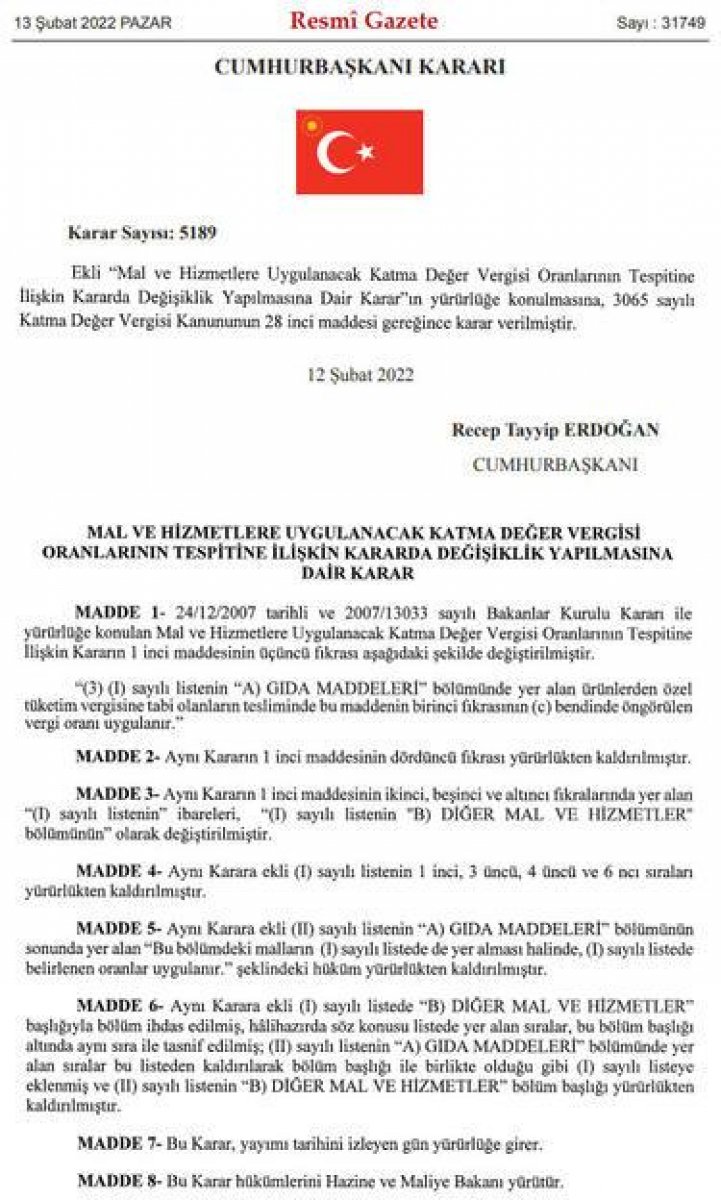 Gıda ürünlerinde KDV indirimi kararı Resmi Gazete de #1