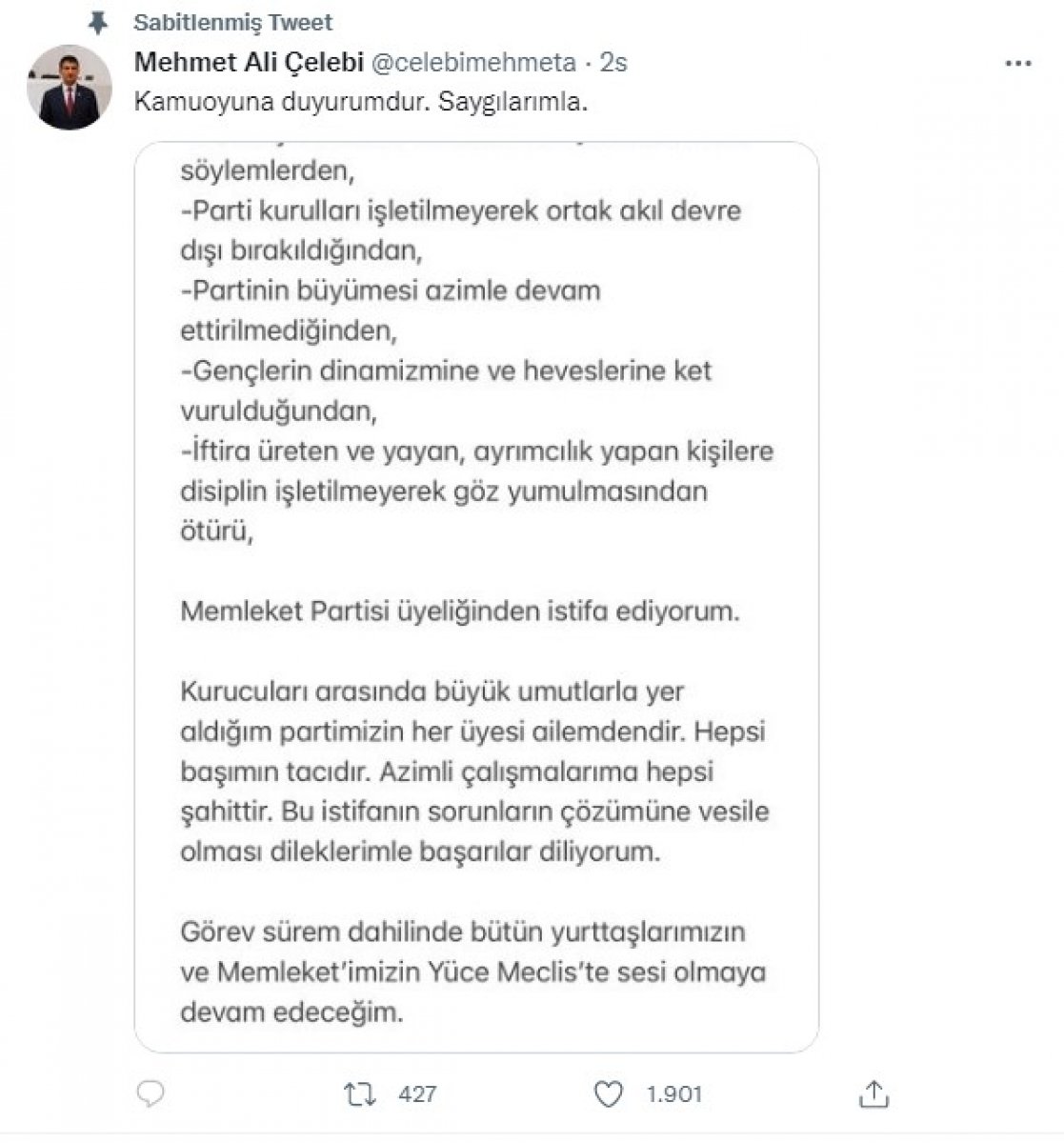 Mehmet Ali Çelebi, Memleket Partisi nden istifa etti #2