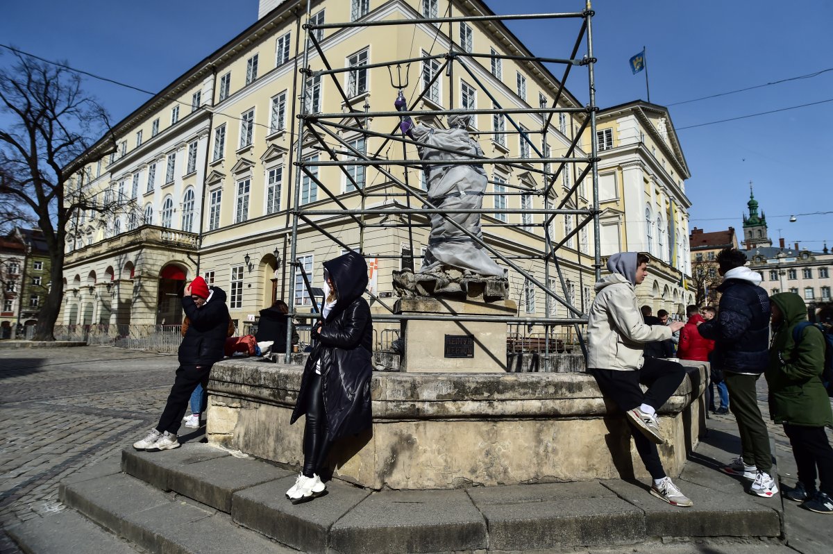 Latin Cathedral, showcases and statues protected by boards in Ukraine #2