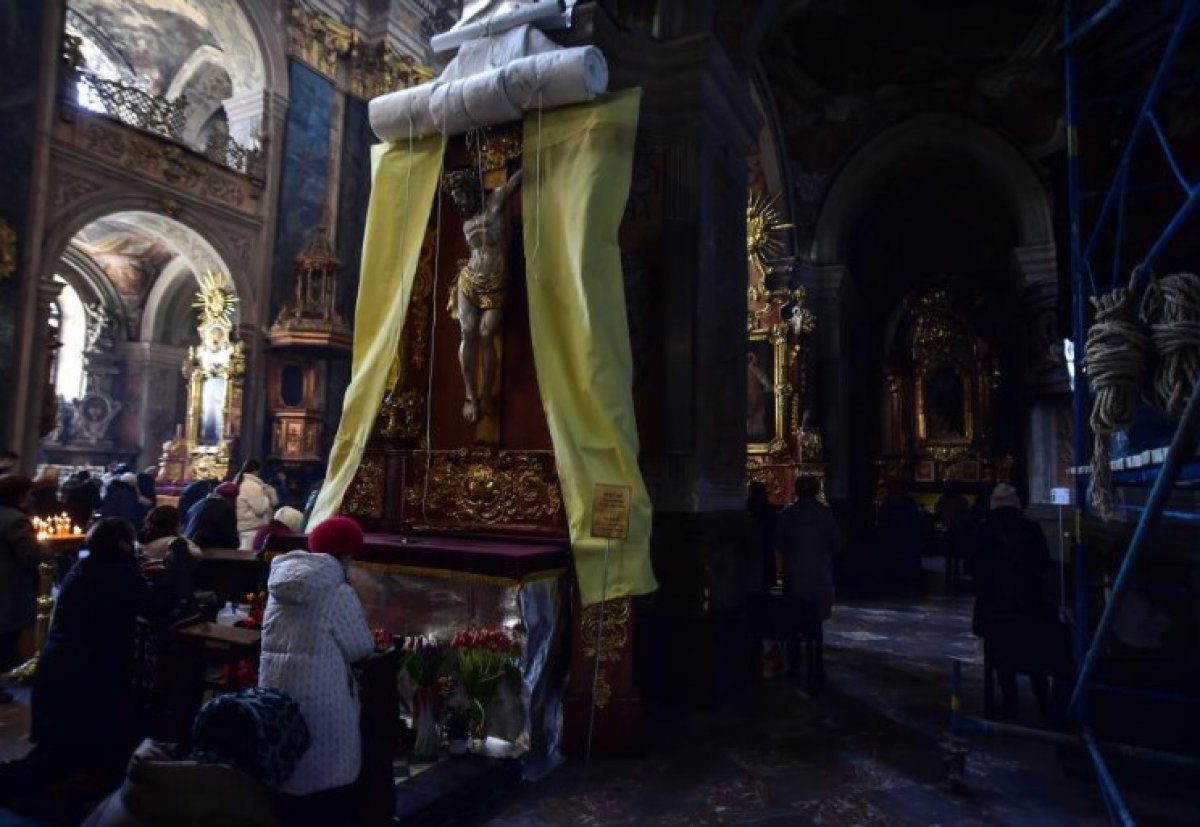Statues protected in Lviv Catholic Church #3
