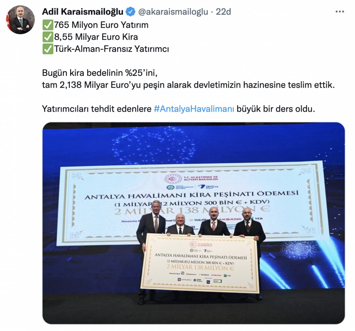 Adil Karaismailoğlu: Antalya Havalimanı kira bedelinin ilk taksidi ödendi #9