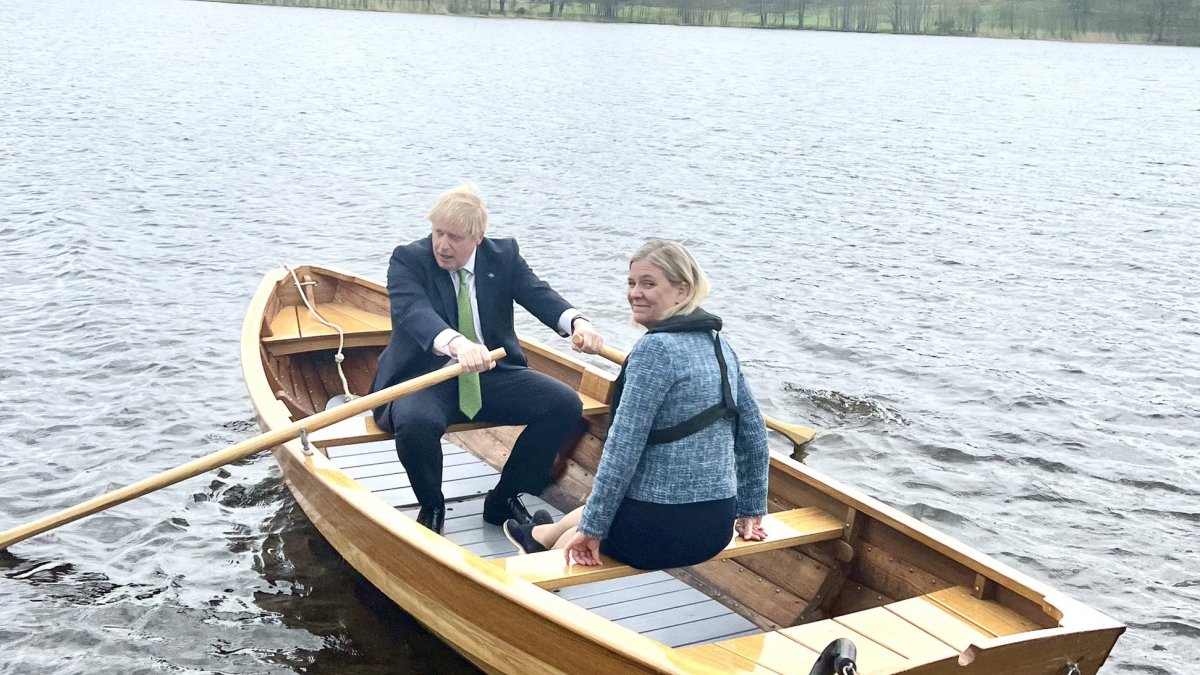Visiting Sweden, Boris Johnson boating with Prime Minister Andersson
