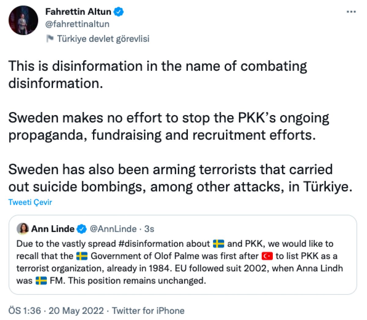Fahrettin Altun dan İsveç Dışişleri Bakanı na PKK eleştirisi #1