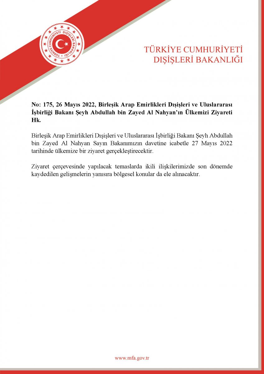 BAE Dışişleri Bakanı Abdullah bin Zayed Al Nahyan, Türkiye'ye gelecek
