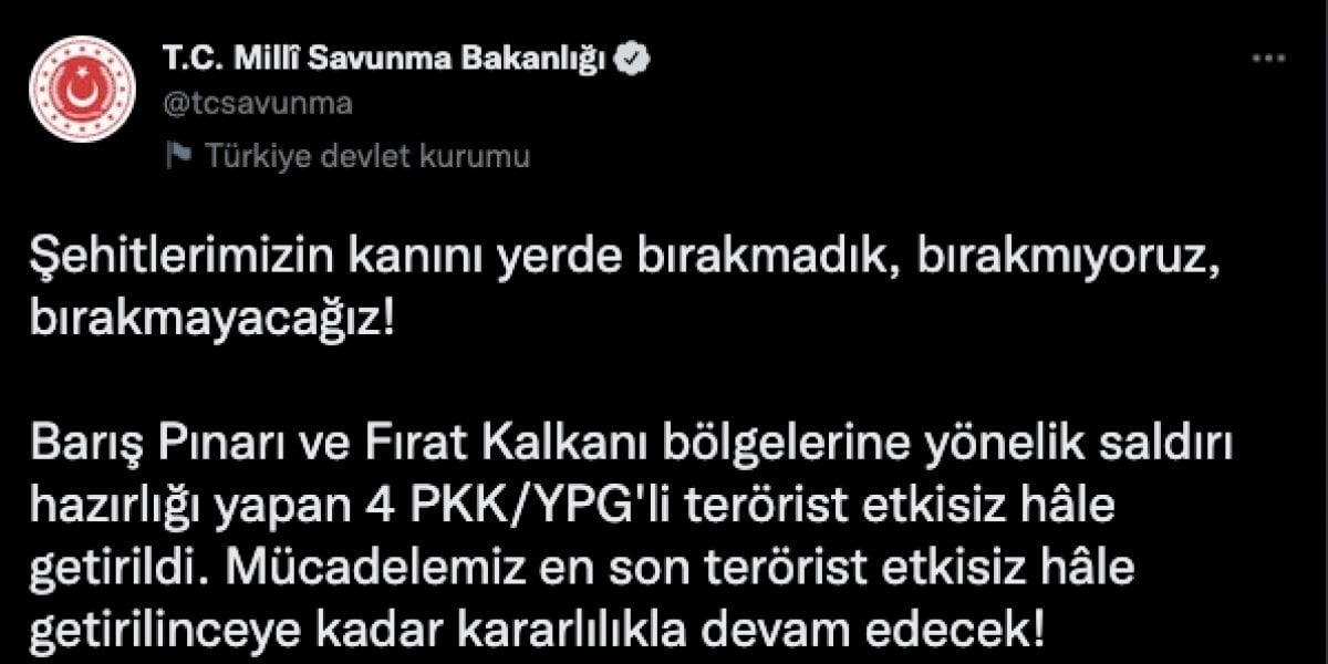 Barış Pınarı ve Fırat Kalkanı bölgelerinde 4 terörist öldürüldü #1