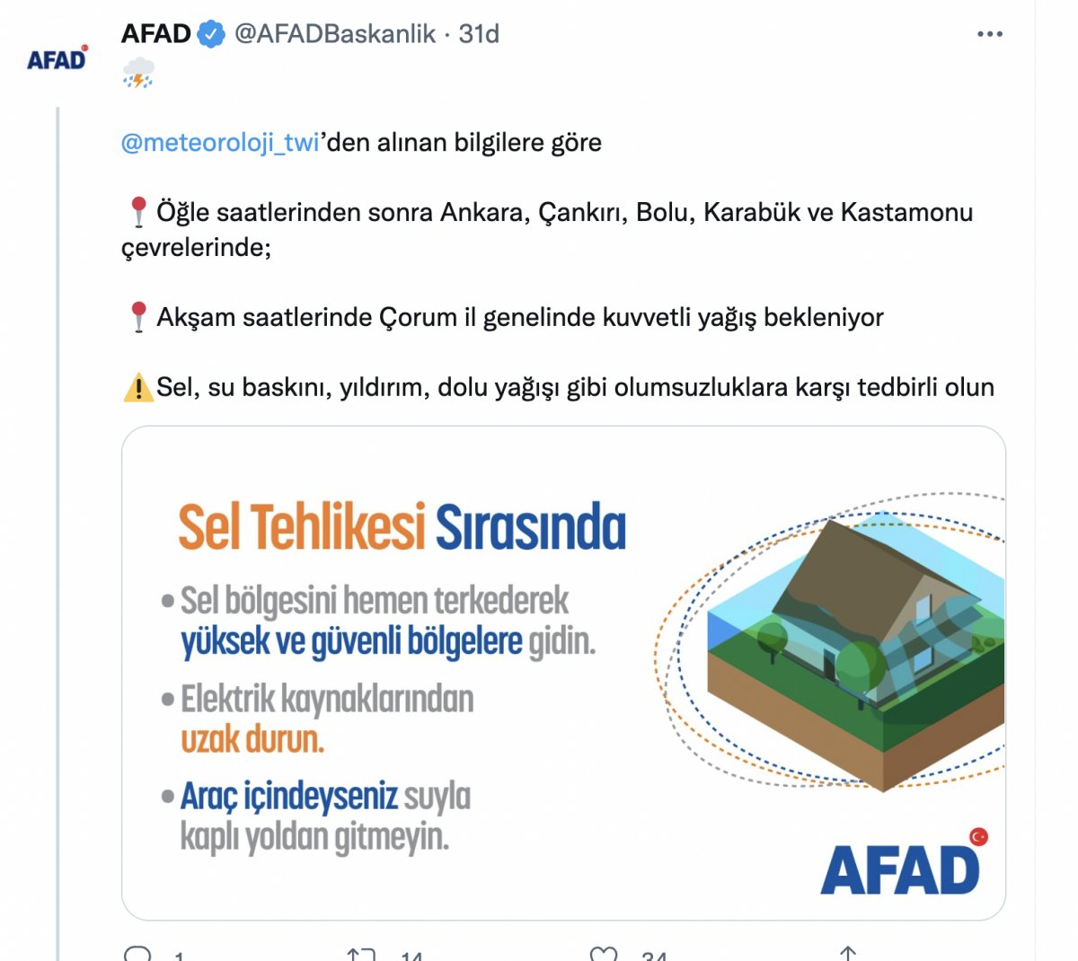 AFAD dan Ankara dahil 6 şehre sel uyarısı  #1