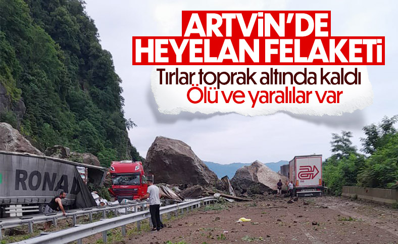 Artvin'de heyelan: Kaya parçaları tırları biçti